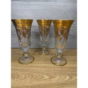 Interglass Italy Crystal Glass 24K Gold Clear Italian 7.5”Champagne Flutes~3 Pc